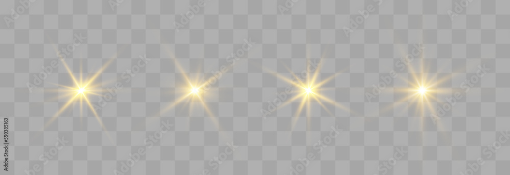 Set of glow light effect, bright star. Vector transparent sunlight, special flash light effect. Star or spotlight beams. Bright flash. Light PNG. Decor element isolated on transparent background. Set of glow light effect, bright star. Vector transparent sunlight, special flash light effect. Star or spotlight beams. Bright flash. Light PNG. Decor element isolated on transparent background.