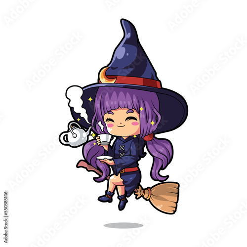 Cute Chibi witch drink a cup of tea