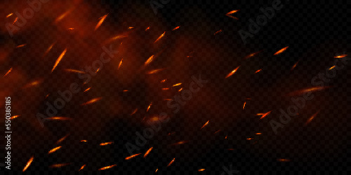 Realistic fire sparks on transparent background. Vector illustration of burning particles and smoke