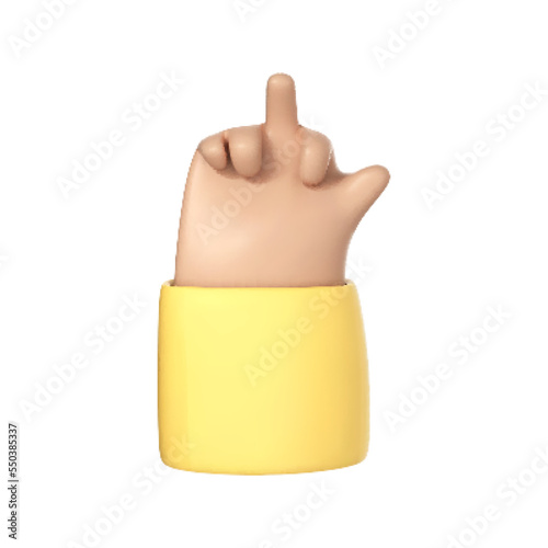 3D cartoon hand shows the middle finger. Aggressive gesture for insulting or showing protest. Vector 3d illustration