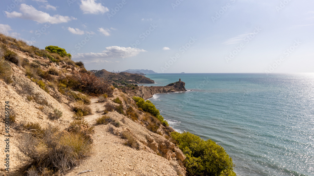 Beaches, cliffs in the Mediterranean Sea in southern Spain. Costa Blanca, between Alicante and Denia, in the Valencian community. Beaches, cliffs in the Mediterranean Sea in southern Spain. Costa Blanca, between Alicante and Denia, in the Valencian community.