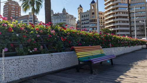 Seat painted in gay pride colors in Valencia Spain.