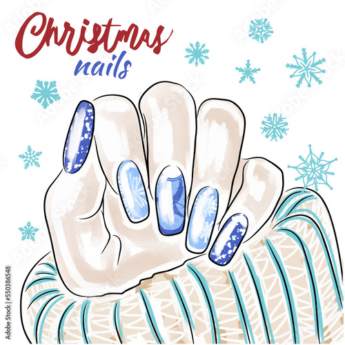 Beautiful winter nail design, hand drawn Christmas nails, manicure