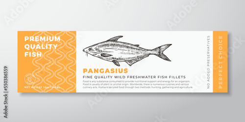 Premium Quality Pangasius Vector Packaging Label Design Modern Typography and Hand Drawn Freshwater Fish Silhouette Seafood Product Background Layout