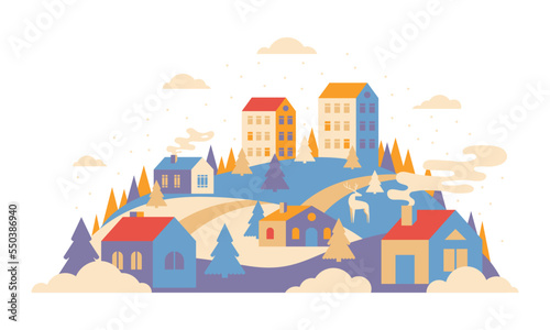 Urban landscape in geometric minimal flat style. New year and Christmas winter city on hills  falling snow and fir trees