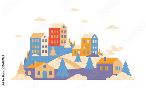 Urban landscape in geometric minimal flat style. New year and Christmas winter city on hills  falling snow and fir trees