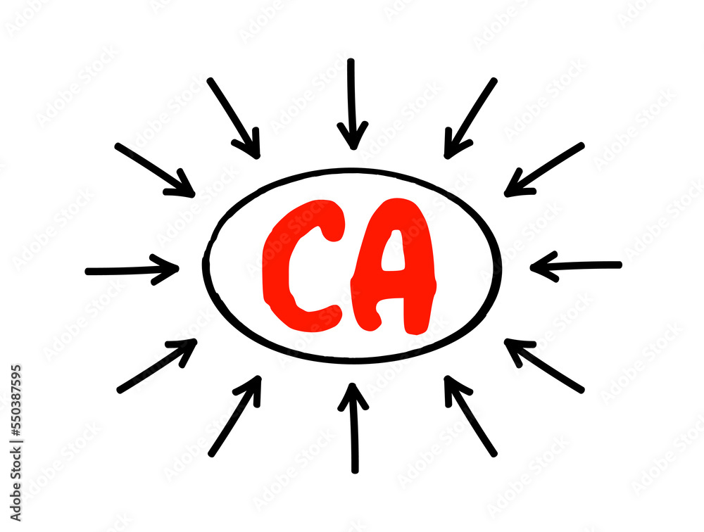 CA Current Account - records the value of exports and imports of both goods and services and international transfers of capital, acronym text with arrows CA Current Account - records the value of exports and imports of both goods and services and international transfers of capital, acronym text with arrows