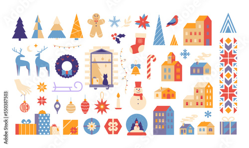 Christmas set of festive symbols, design elements. Cute flat illustrations. Winter season holiday. New Year vector