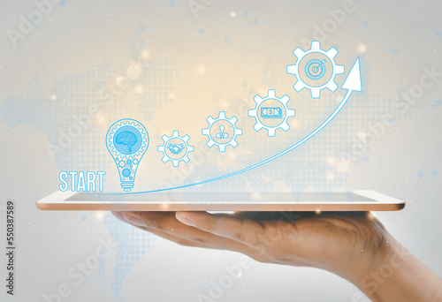 Startup concept network connection and icon business on virtual interface from digital tablet,icon bubble with data,showing symbol of entrepreneurship, fund, project plan a new small business.