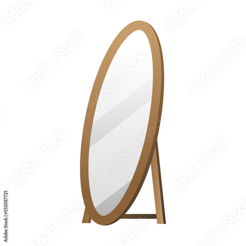 Oval floor mirror cartoon illustration. Wooden and metal frame mirror for bedroom, living room or hallway isolated on white