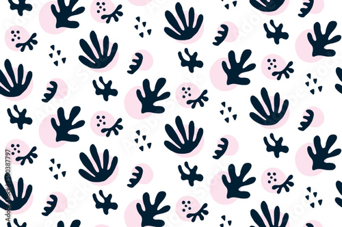 Abstract and graphic pattern of tropical leaves or seaweed in blue and pink tones. Ideal for textile or object printing, product decoration and packaging. Vector illustration.