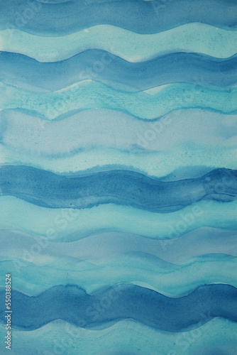 Blue sea or river waves watercolor pattern texture background hand drawing with brush on paper. © LiudmilaMila