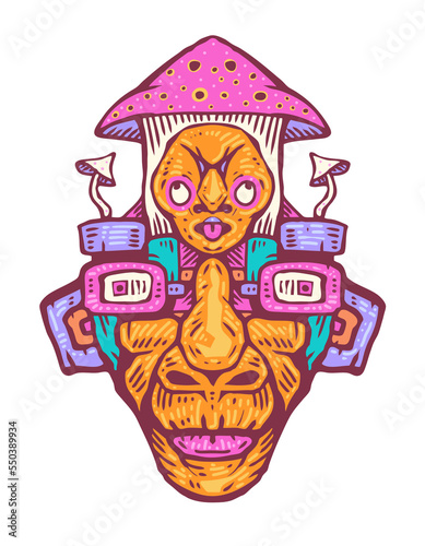 A surreal totem with a mask and mushrooms, illustration isolated, png © Jumpingsack