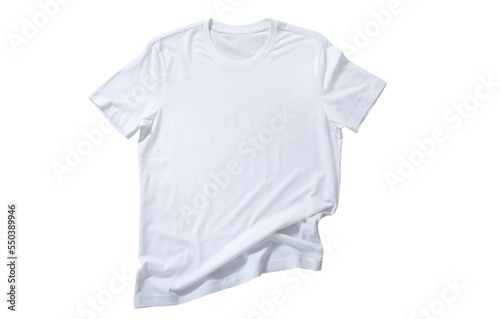 White shirt mockup isolated - pleated, wrinkled t-shirt on white background top view © missty