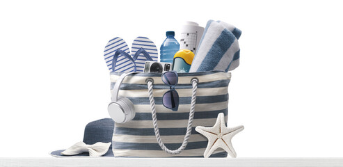 PNG file no background Beach bag with accessories and tropical beach