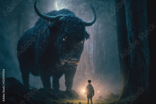 A kid with flashlight standing under a giant friendly furry buffalo