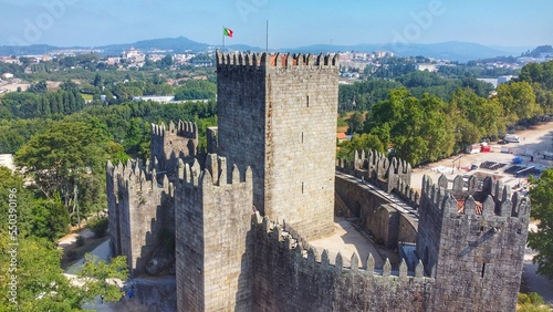 Drone shots of Guimarães Castle in summer, Portugal