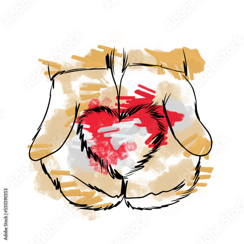 Cute vector illustration, warm mittens hold a furry red heart