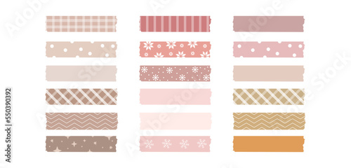 Vector illustration of a decorative tape pastel shades. Set of pieces of colored patterned washi tape isolated on a white background. © Maryna