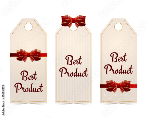 Set of best product tags with golden border and red silk bow. Vintage style