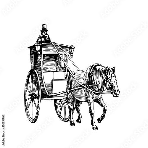 A vintage London cab. Horse-drawn carriage. Vector illustration with black lines isolated on white background in a cartoon and hand drawn style.