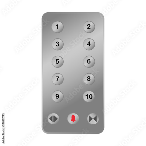 Panel with elevator control buttons vector illustration. Lift door from wood and metal, staircase or escalator, up and down on white