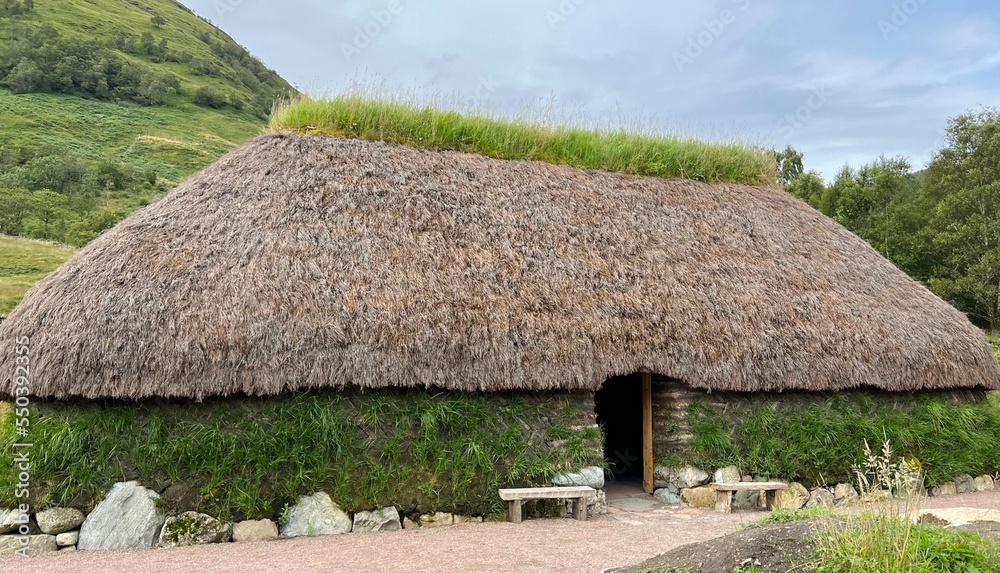 Traditional thatched cottage built in Highland Scotland