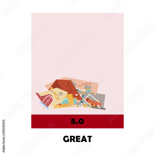 Great earthquake magnitude scale vector illustration. Level or intensity of seismic activity isolated on white background