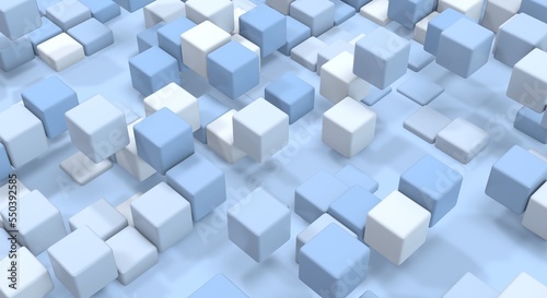 Floating cubes. Abstract geometric background in blue and white colors. 3d render