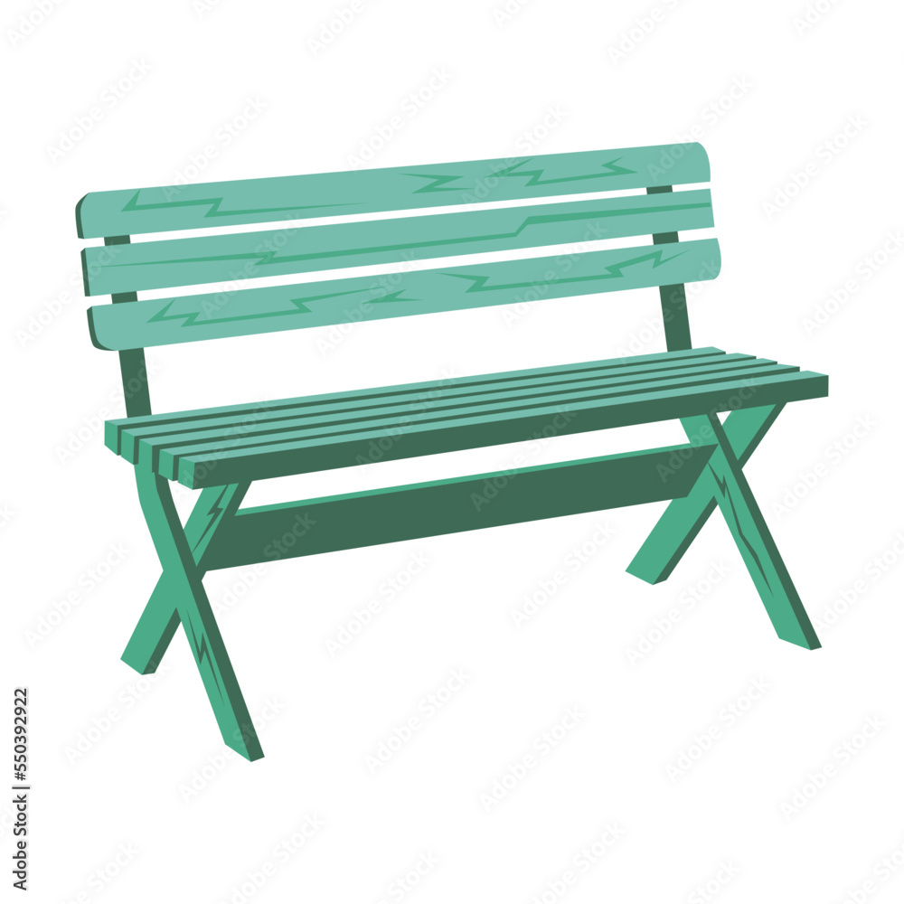 Green wooden park bench cartoon illustration. Colorful garden or city bench for outdoor relaxation or public space isolated on white