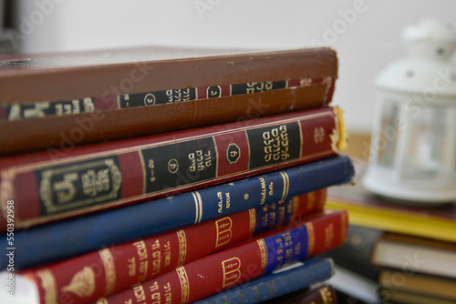 israel, safed  Thursday October 20, 2022, 23:45:23
A pile of ancients
 Jewish Talmud and Gemara books was photographed in Israel. placed on top of each other in a close-up shot photo