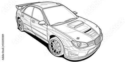 Coloring page vector line art for book and drawing. Black contour sketch illustrate Isolated on white background. High speed drive vehicle. Graphic element. Illustration car. Stroke without fill