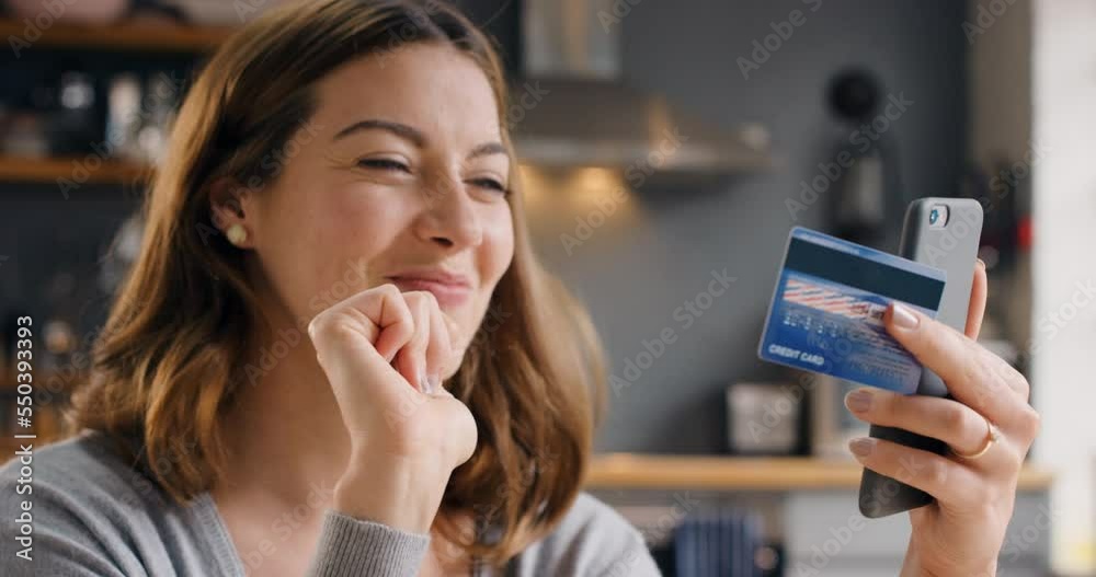 Credit card, excited and smartphone of woman online, easy and digital payment for ecommerce, fintech or shopping. Banking, finance or financial credit score of happy woman on mobile phone application