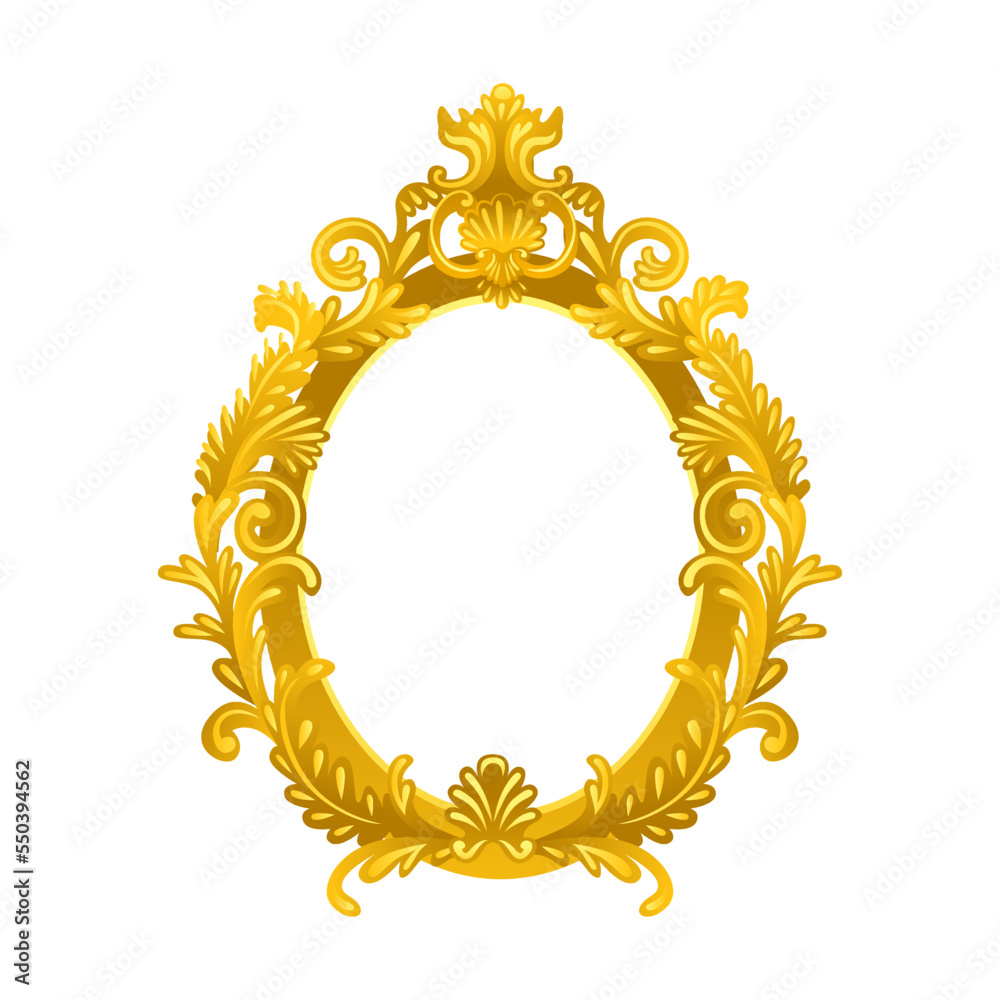 Oval gold mirror frame cartoon illustration. Old ornate rococo or retro