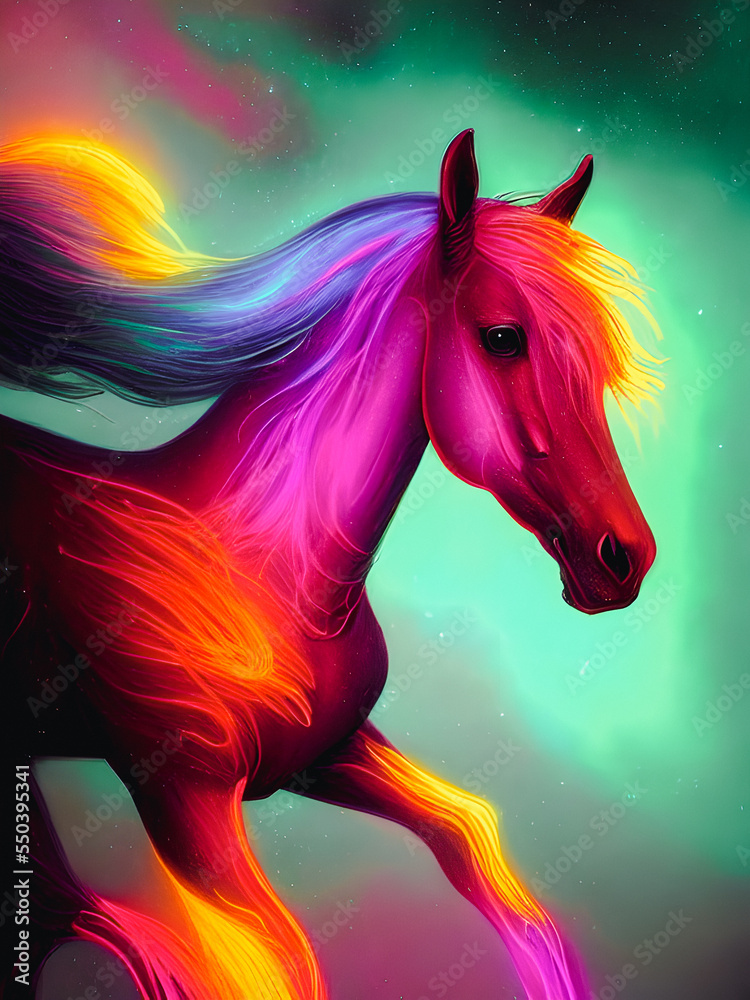 This portrait of a horse is rendered in a bold, modern style, with neon lights illuminating the subject from various angles. Generative AI This portrait of a horse is rendered in a bold, modern style, with neon lights illuminating the subject from various angles. Generative AI