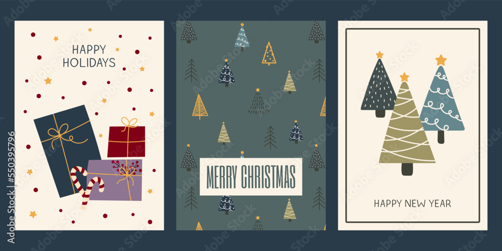 Set of Christmas and New Year cards with Christmas tree, gifts, winter elements. Christmas and New Year posters. Happy Holidays!