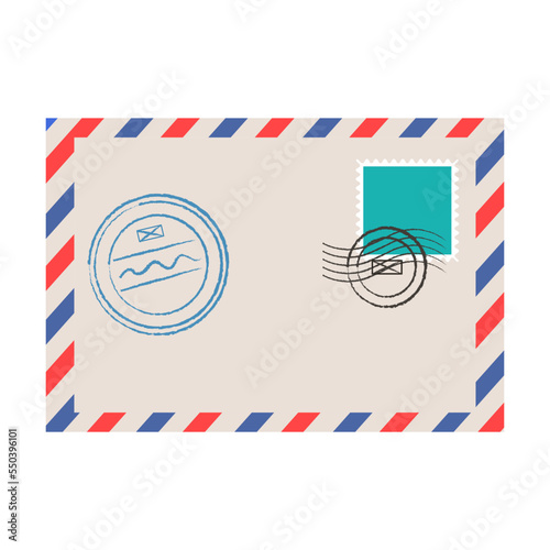 Paper letter with stamps. Express delivery service objects illustration. Courier cartoon character isolated on white background