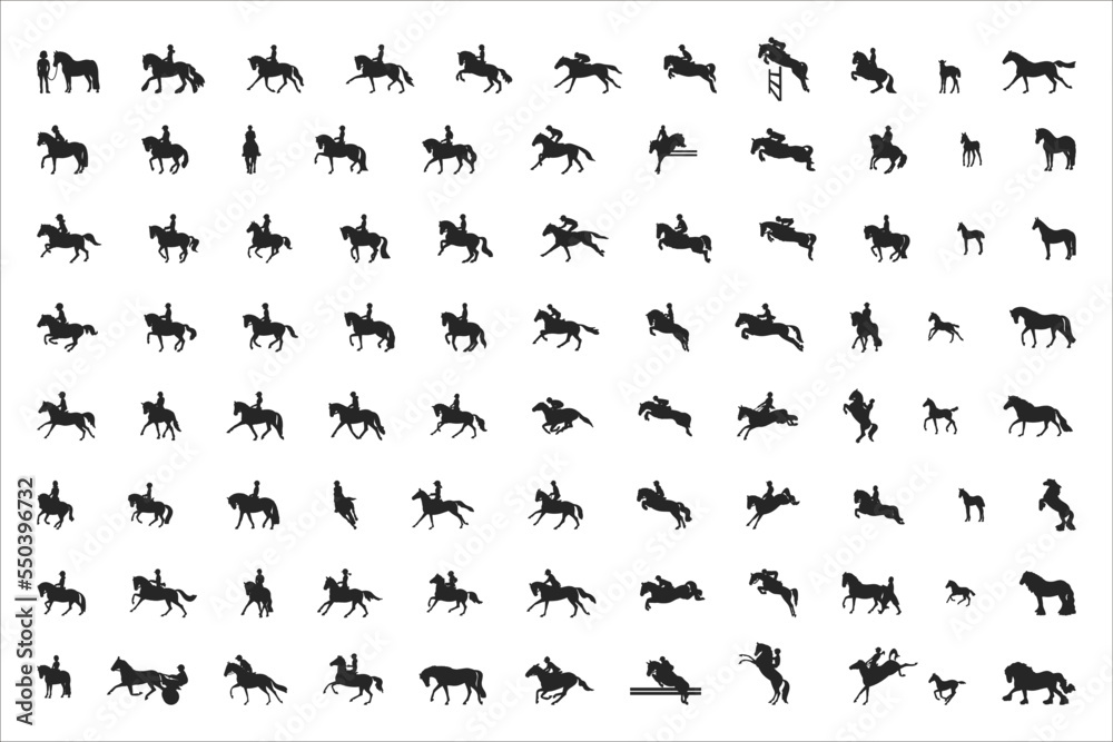 Obraz premium 88 vector silhouettes on the theme of horse, equestrian, show jumping, dressage, racing, stud farm