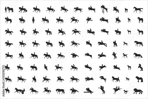 88 vector silhouettes on the theme of horse, equestrian, show jumping, dressage, racing, stud farm