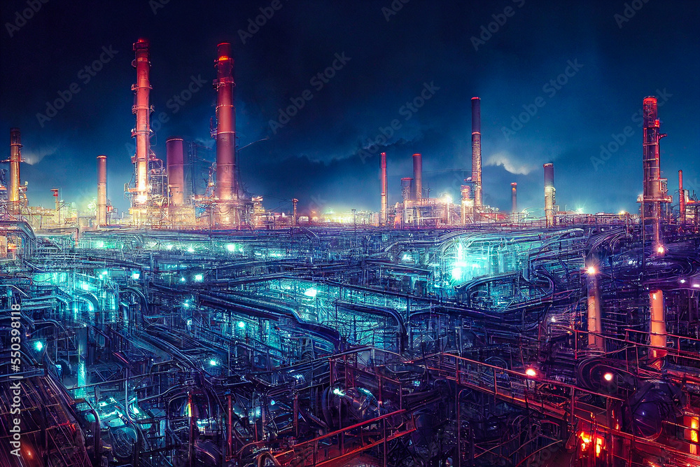 Floodlit industrial oil refinery factory in the night with glowing lights of blue and red. Chemicals warehouse with pipelines and smokestacks with raising smoke. Concept of pollution and gas price. Floodlit industrial oil refinery factory in the night with glowing lights of blue and red. Chemicals warehouse with pipelines and smokestacks with raising smoke. Concept of pollution and gas price.
