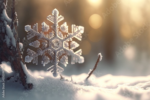 Extreme close-up of a snowflake in a winter snowy environment at sunset. Snow-covered pine trees in mountain locations with the snow of winter. 3D illustration of Christmas time.