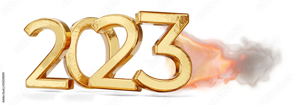 year 2023 golden, symbolic fire and flames as fast speed 3d-illustration