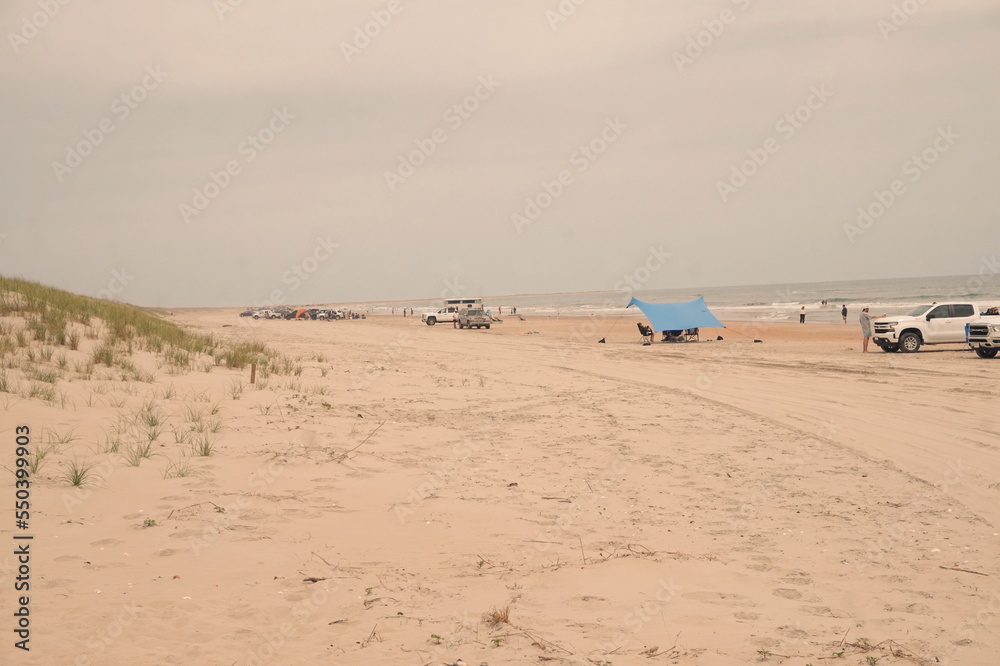 Beach, Dune, Sky, Water, Tourists, Cars, Tents