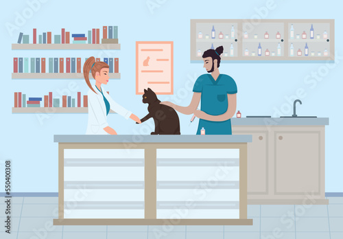 Vet clinic. Depicted on the side are doctors giving an injection to a cat. Treatment of animals. Clinic interiors