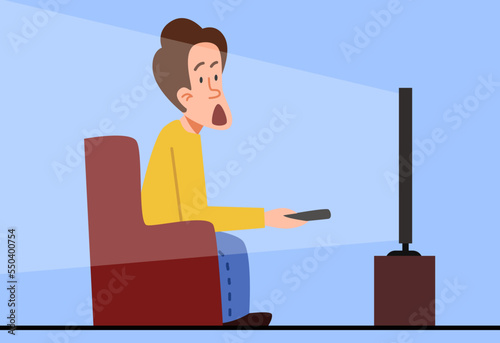 A man watches TV with his mouth open. The man is in shock. Flat vector illustration.