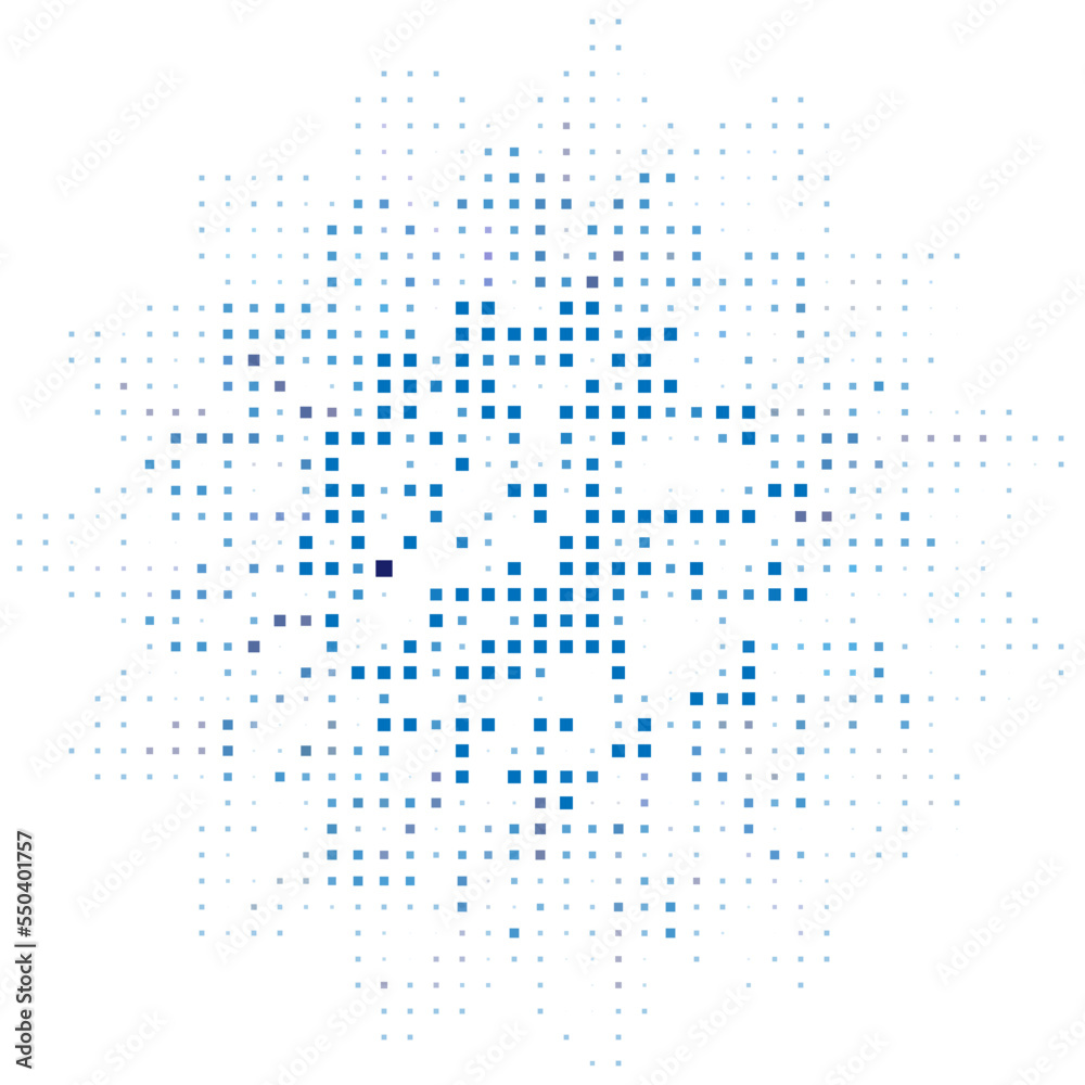 Halftone monochrome pattern with blue squares around the circle. Minimalism, vector. Background for posters, websites, business cards, postcards, interior design.