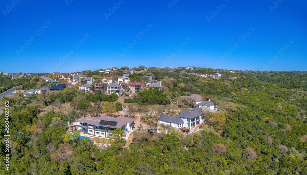 Austin, Texas-Mansions and villas on top of a mountain in aerial view