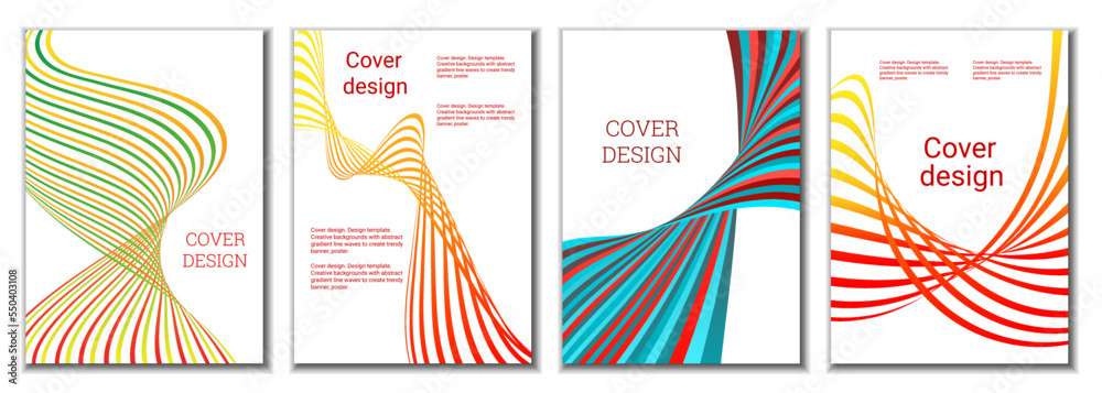 A set of 4 abstract covers. Wavy parallel gradient lines, ribbons evolve. Cover design, background. Trendy banner, poster. A set of 4 abstract covers. Wavy parallel gradient lines, ribbons evolve. Cover design, background. Trendy banner, poster.