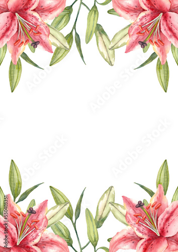 Oriental hybrid lilies. Pink lily flowers and buds. Brochure design template. Watercolor hand-drawn A4 layout.