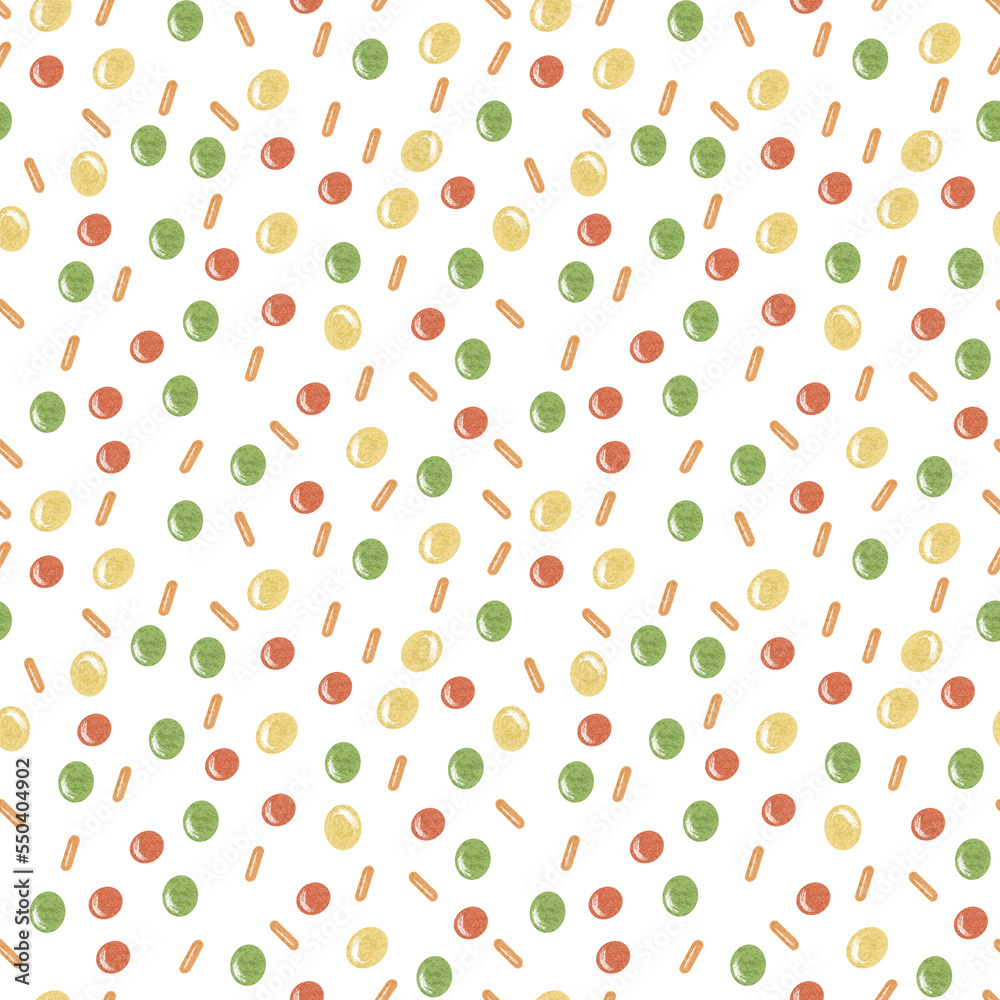 Hand drawn seamless pattern with colorful dots on white background.